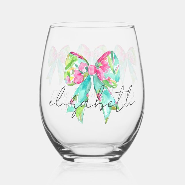 Preppy Pink and Green Bows Personalized Stemless Wine Glass (Front)