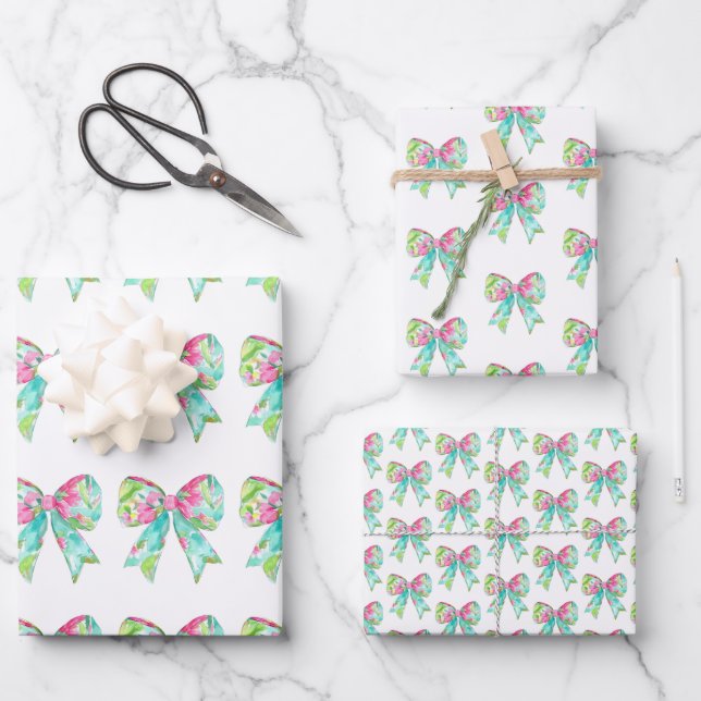 Preppy Pink and Green Bows Wrapping Paper Sheets (Front)