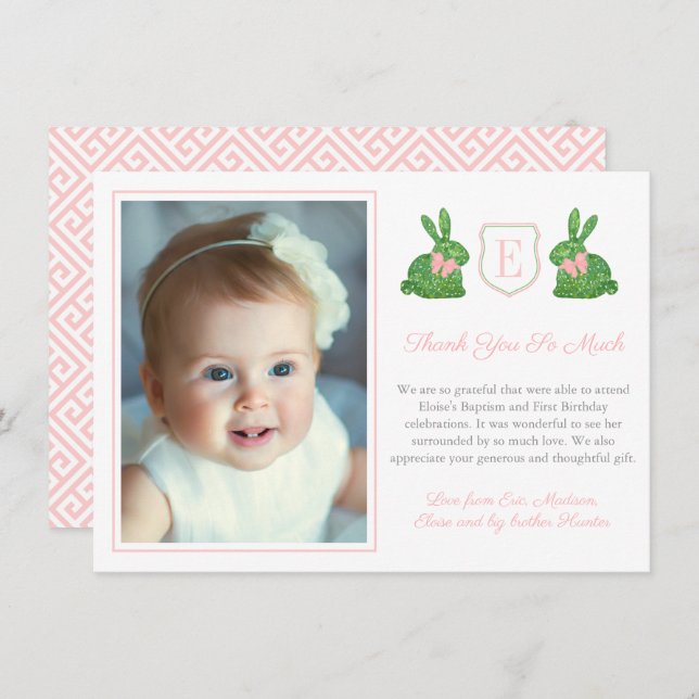 Preppy Pink And Green Boxwood Bunny Baptism Photo Thank You Card (Front/Back)
