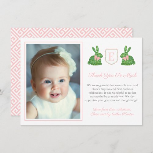 Preppy Pink And Green Boxwood Bunny Baptism Photo Thank You Card