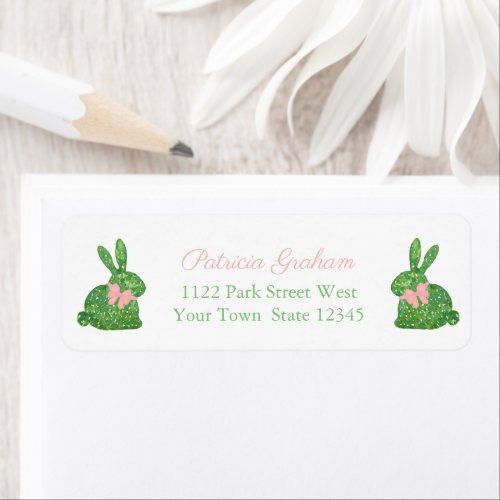 Preppy Pink And Green Boxwood Bunny Return Address Label