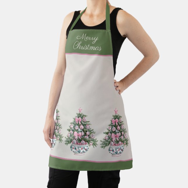 Preppy Pink and Green Chinoiserie Christmas Tree Apron (Insitu)