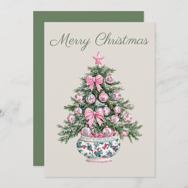 Preppy Pink and Green Chinoiserie Christmas Tree Holiday Card (Front/Back)