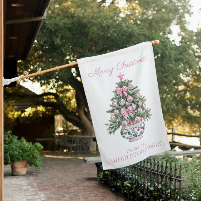 Preppy Pink and Green Chinoiserie Christmas Tree House Flag (In SItu)
