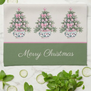 Preppy Pink and Green Chinoiserie Christmas Tree Kitchen Towel