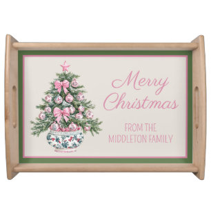Preppy Pink and Green Chinoiserie Christmas Tree Serving Tray