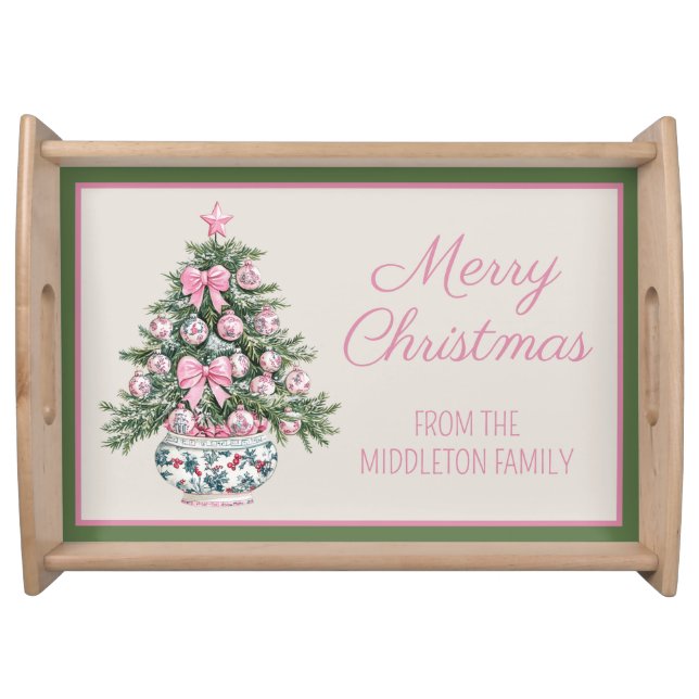 Preppy Pink and Green Chinoiserie Christmas Tree Serving Tray (Front)