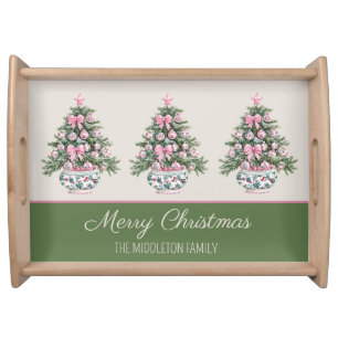 Preppy Pink and Green Chinoiserie Christmas Tree Serving Tray
