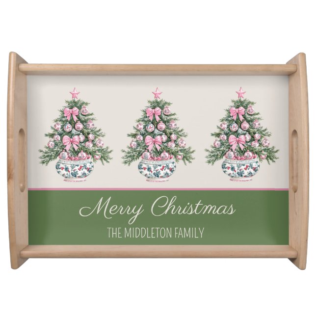 Preppy Pink and Green Chinoiserie Christmas Tree Serving Tray (Front)