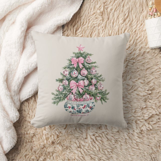 Preppy Pink and Green Chinoiserie Christmas Tree Throw Pillow (Blanket)