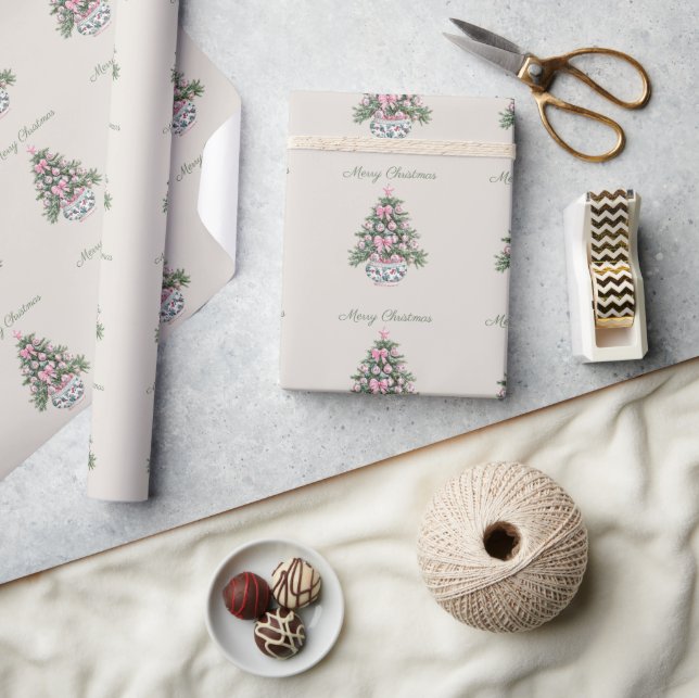 Preppy Pink and Green Chinoiserie Christmas Tree Wrapping Paper (Crafts)