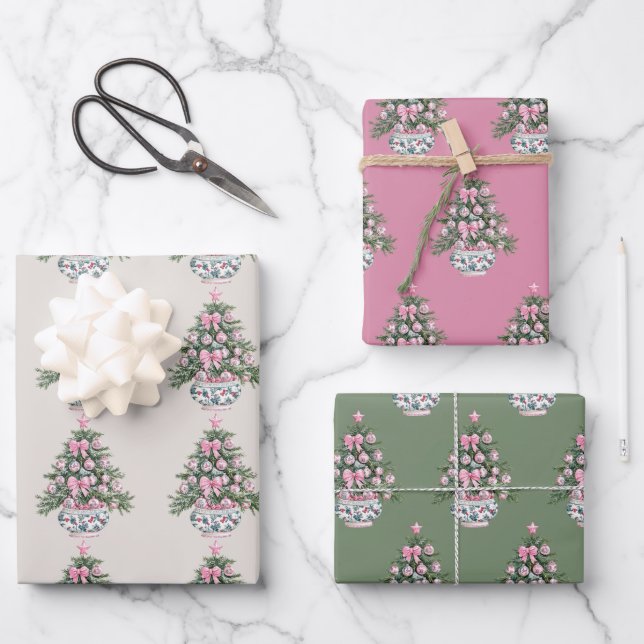 Preppy Pink and Green Chinoiserie Christmas Tree Wrapping Paper Sheets (Front)