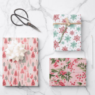 Preppy Pink and Green Christmas Holiday Pattern Wrapping Paper Sheets