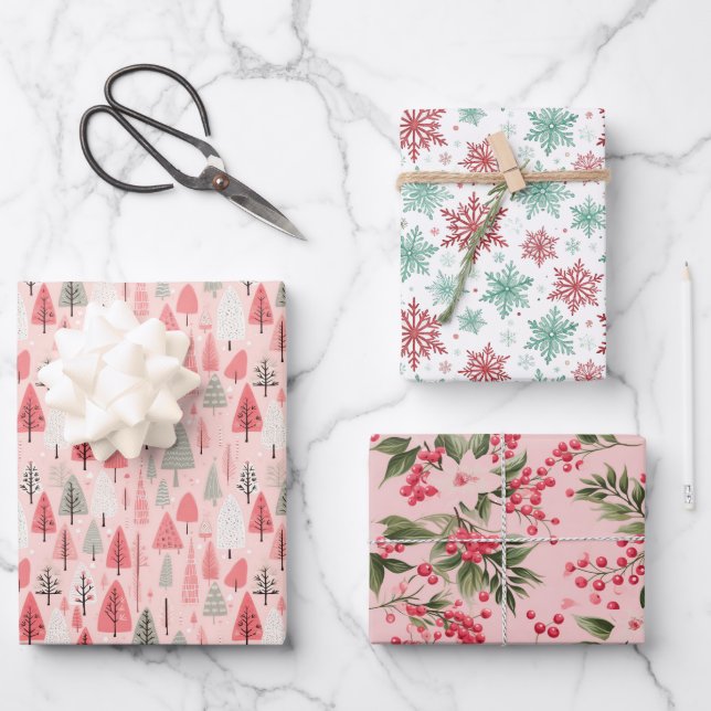 Preppy Pink and Green Christmas Holiday Pattern  Wrapping Paper Sheets (Front)
