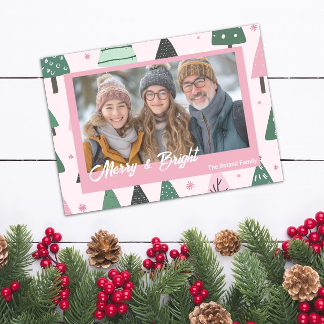 Preppy Pink and Green Christmas Tree Holiday Photo Card (Preppy Pink Trees Personalized Holiday Photo Christmas Card)