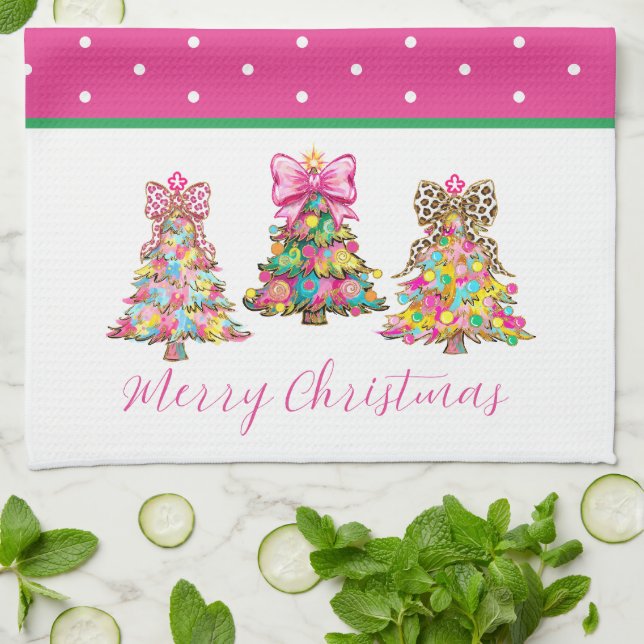 Preppy Pink and Green Christmas Trees Kitchen Towel (Folded)
