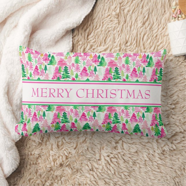 Preppy Pink and Green Christmas Trees Lumbar Pillow (Blanket)