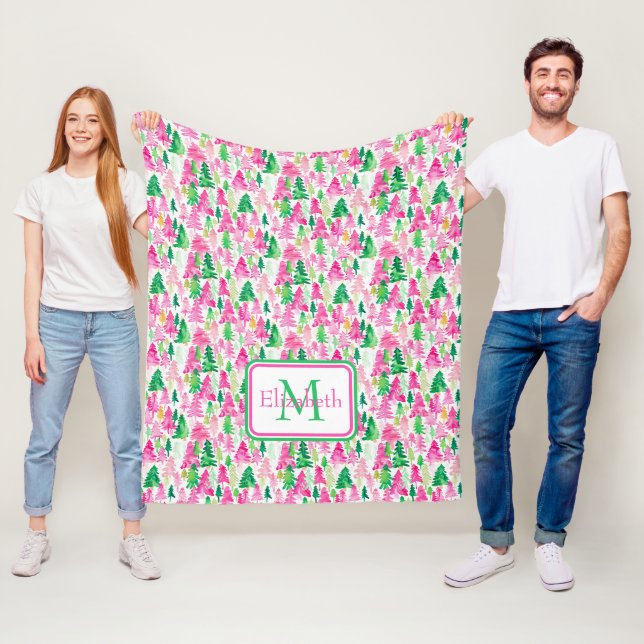Preppy Pink and Green Christmas Trees Monogram Fleece Blanket (In Situ)
