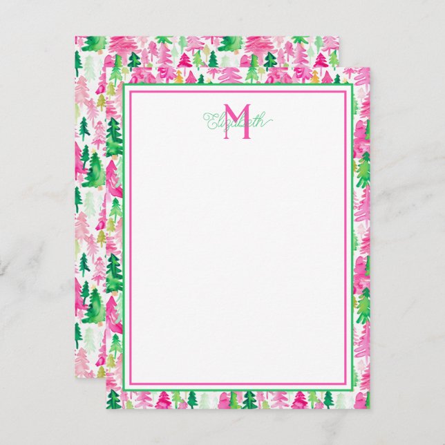 Preppy Pink and Green Christmas Trees Monogram Note Card (Front/Back)