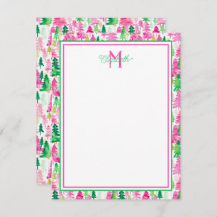 Preppy Pink and Green Christmas Trees Monogram Note Card