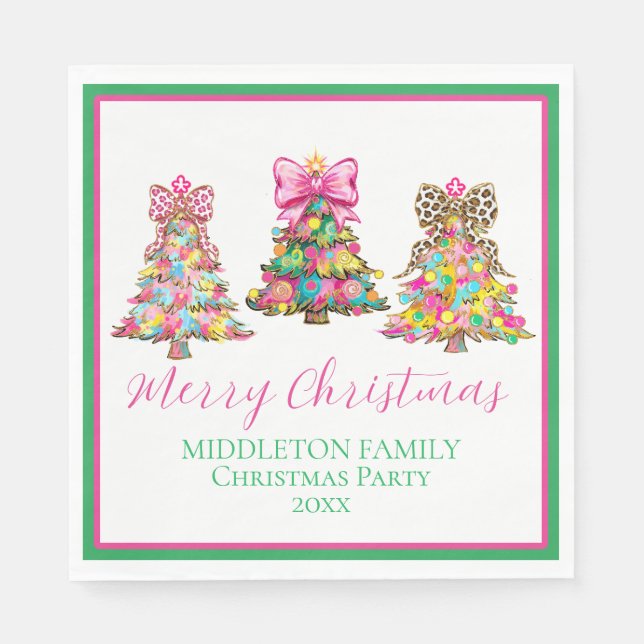 Preppy Pink and Green Christmas Trees Napkins (Front)