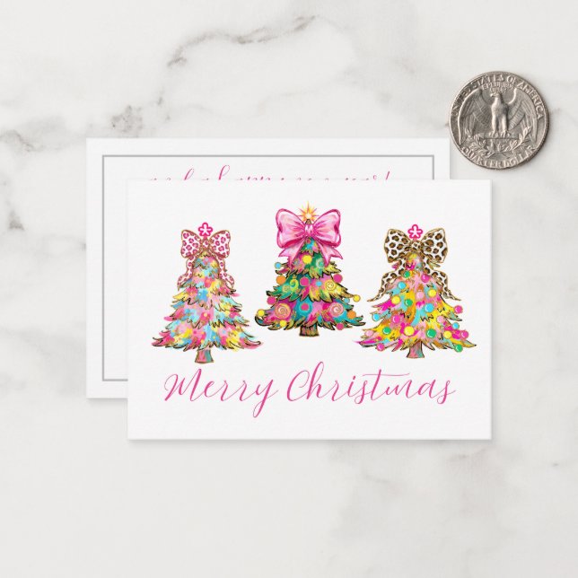 Preppy Pink and Green Christmas Trees Note Card (Front/Back In Situ)