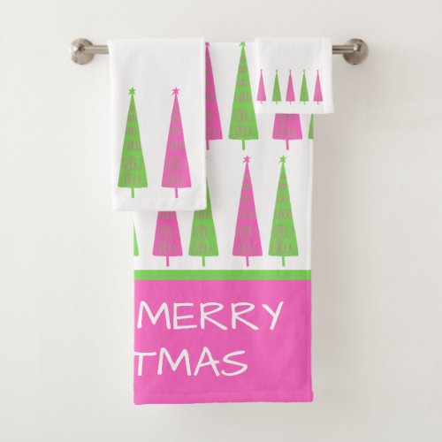 Preppy Pink and Green Christmas Trees Personalized Bath Towel Set