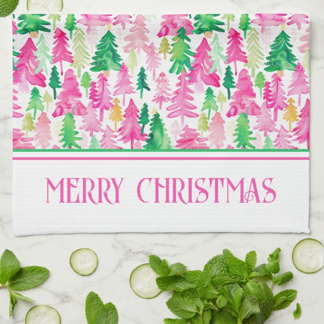 Preppy Pink and Green Christmas Trees Personalized Kitchen Towel (Folded)