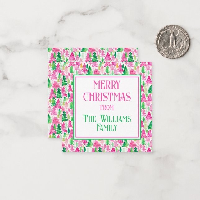 Preppy Pink and Green Christmas Trees Personalized Note Card (Front/Back In Situ)