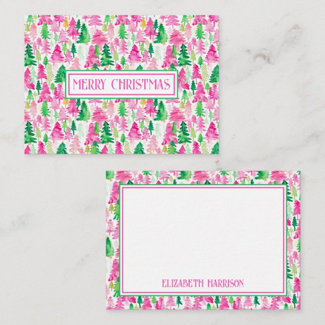 Preppy Pink and Green Christmas Trees Personalized Note Card (Front/Back)