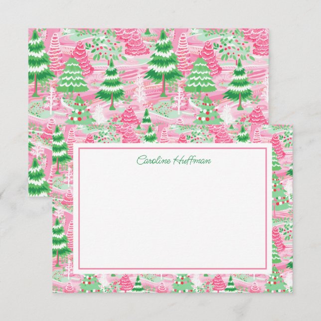 Preppy Pink and Green Christmas Trees Personalized Thank You Card (Front/Back)
