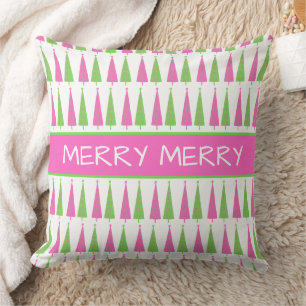 Preppy Pink and Green Christmas Trees Personalized Throw Pillow
