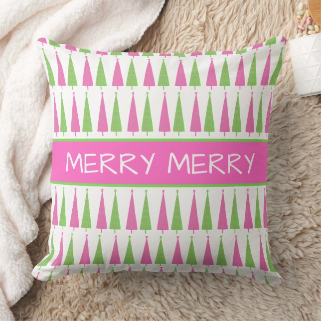 Preppy Pink and Green Christmas Trees Personalized Throw Pillow (Blanket)