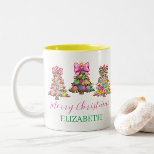 Preppy Pink and Green Christmas Trees Two-Tone Coffee Mug