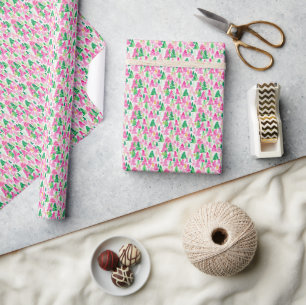 Preppy Pink and Green Christmas Trees Wrapping Paper