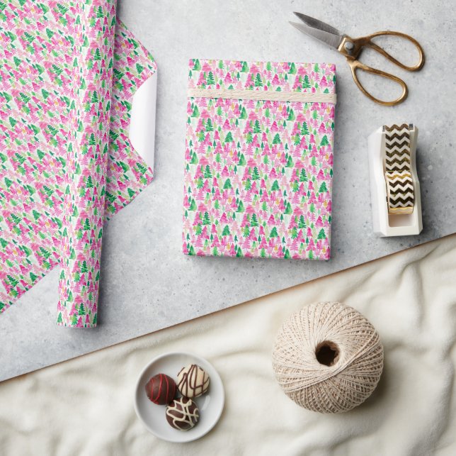 Preppy Pink and Green Christmas Trees Wrapping Paper (Crafts)