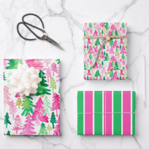 Preppy Pink and Green Christmas Trees Wrapping Paper Sheets