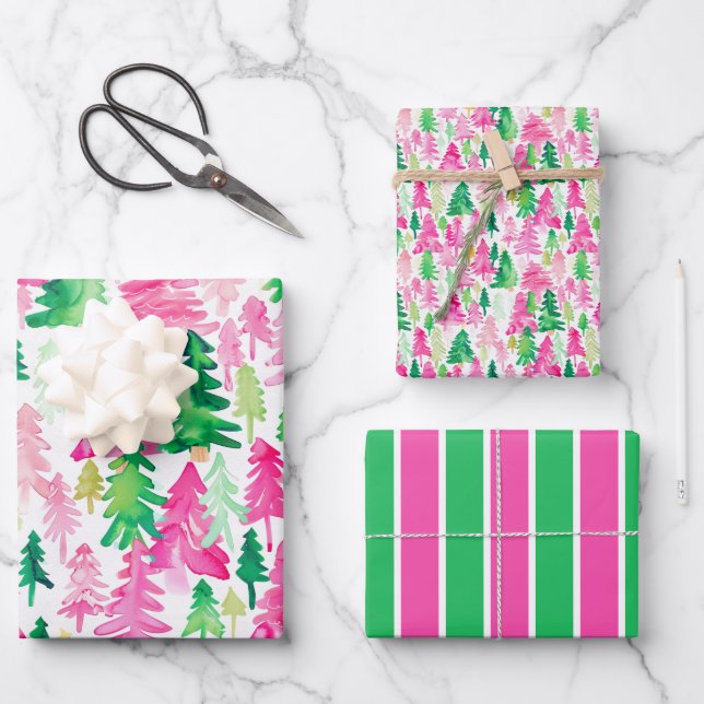 Preppy Pink and Green Christmas Trees Wrapping Paper Sheets (Front)