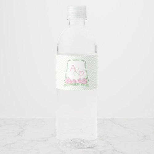 Preppy Pink And Green Couples Crest Wedding Shower Water Bottle Label