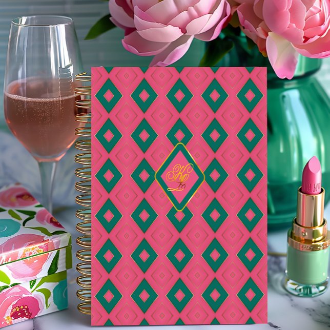 Preppy  Pink and Green Diamond Motif Monogrammed  Notebook (Chic Pink and Green Diamond Motif Notebook/Glossy Softcover, Matte Hardcover )
