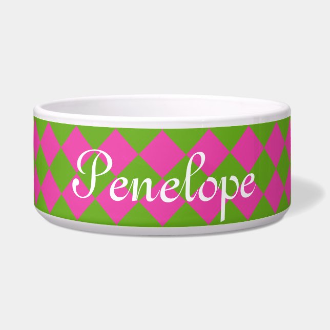 Preppy Pink and Green Diamond Personalized Bowl (Front)