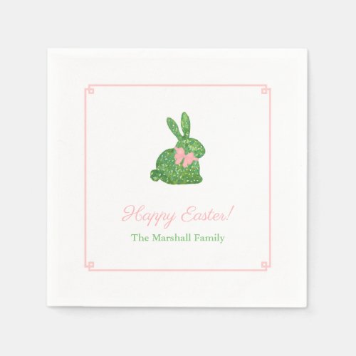 Preppy Pink And Green Easter Bunny Brunch Party Napkins - A classic with a twist napkin design that you can personalize with your own text. The design features a Greek Key corner border and a "boxwood topiary" bunny sporting a pink bow. You can change the color of the border (currently a soft pink) by changing the background color of the page. To make these advanced edits,  "click / tap to personalize further" underneath where you enter your text.