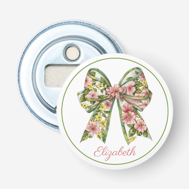 Preppy Pink and Green Floral Bow Personalized Bottle Opener (Front)