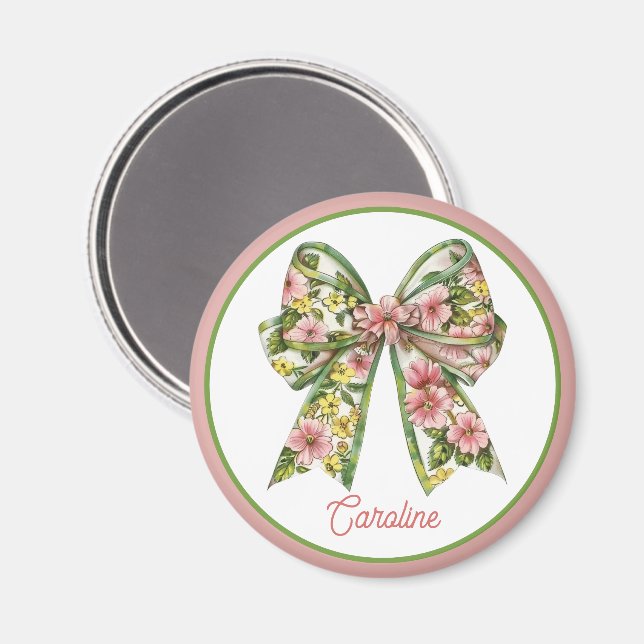 Preppy Pink and Green Floral Bow Personalized Magnet (Front/Back)