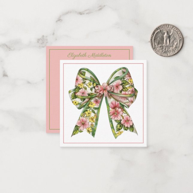 Preppy Pink and Green Floral Bow Personalized Note Card (Front/Back In Situ)