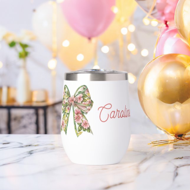 Preppy Pink and Green Floral Bow Personalized Thermal Wine Tumbler (Bachelor Party (Rotated))