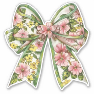 Preppy Pink and Green Floral Bow Sticker