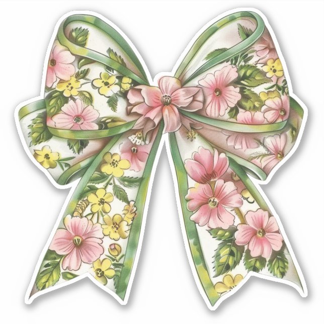 Preppy Pink and Green Floral Bow Sticker (Front)
