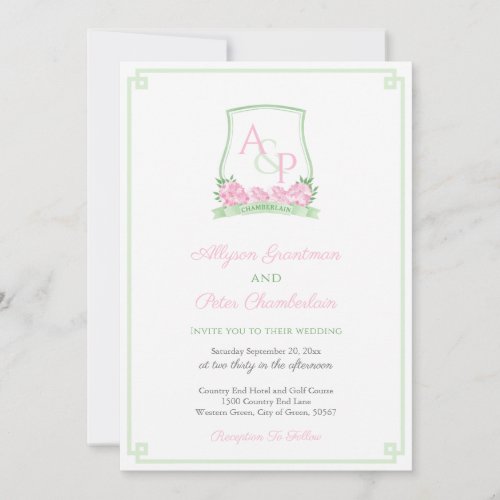 Preppy Pink And Green Hydrangea Crest Wedding Invitation