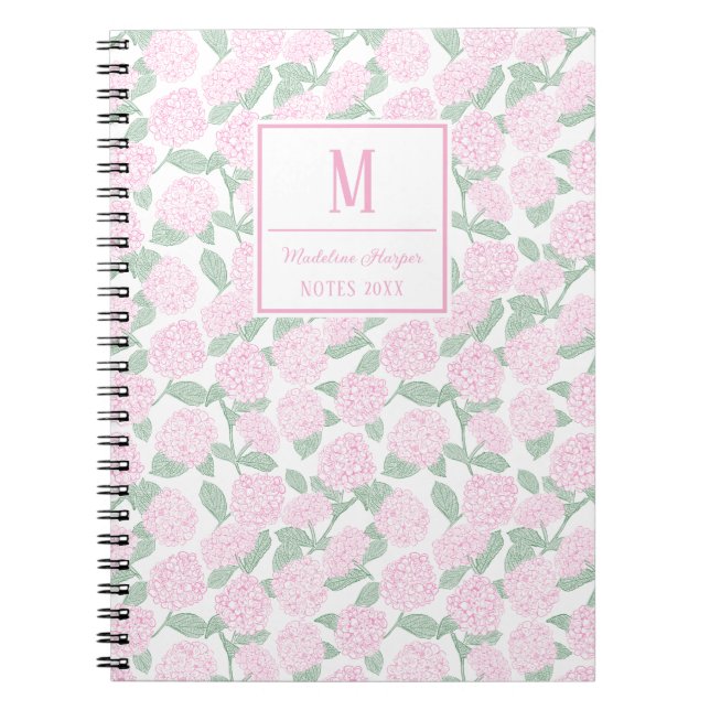 Preppy Pink and Green Hydrangeas Monogram Notebook (Front)